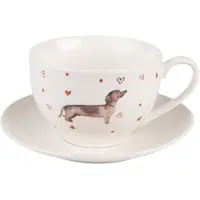 Clayre & Eef Kop en schotel 200 ml Beige Bruin Porselein Rond Teckel Servies Beige Servies