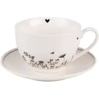Clayre & Eef Kop en schotel 200 ml Beige Zwart Porselein Bloemen Servies Beige Servies