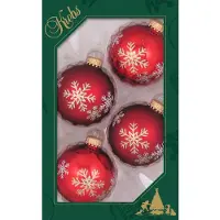 Merkloos 4x stuks luxe glazen kerstballen 7 cm rood met sneeuwvlok - Kerstbal