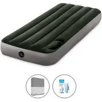 Intex Luchtbedset- 1-Persoons - 76 x 191 x 25 cm - Groen - Met ingebouwde voetpomp + Hoeslaken Antraciet + Reparatieset