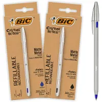 BIC Cristal Re'New Premium Navulbare Balpen voor School en Kantoor - Blauwe en Zwarte Pen met 4 Navullingen - Medium Punt 1,0 mm - 2 stuks