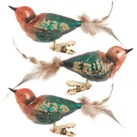 Bellatio 3x stuks luxe glazen decoratie vogels op clip groen/bruin 11 cm - Kersthangers
