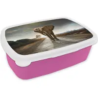 MuchoWow Broodtrommel Roze - Lunchbox - Brooddoos - Olifant - Weg - Dieren - Zonsondergang - Landschap - 18x12x6 cm - Kinderen - Meisje