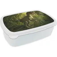 MuchoWow Broodtrommel Wit - Lunchbox - Brooddoos - Dinosaurus - Planten - Groen - Illustratie - Kinderen - Jongens - 18x12x6 cm - Volwassenen