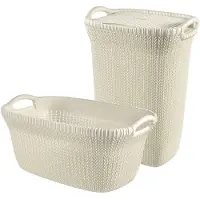 Curver Knit Wasmand met deksel 57L + Wasmand 40L - Gebroken wit