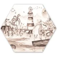 MuchoWow Hexagon wanddecoratie - Kunststof Wanddecoratie - Hexagon Schilderij - Strand - Kinderen - Vuurtoren - Alpaca - Zee - Dieren - 120x103 cm