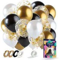 Fissaly 40 stuks Goud, Zwart & Wit Helium Ballonnen met Lint – Versiering Decoratie – Papieren Confetti – Latex