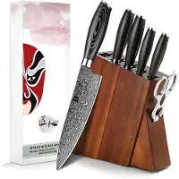 Xinzuo Luxe en Professionele 7-delige Keukenmessen-set van Damascus Staal (67 lagen, VG10) en Pakka-houten handgrepen - incl. Acaciahouten Messenblok - B20 Ya