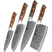 Xinzuo | 4-delige set met Damascus stalen messen (gehamerd) | Woestijnijzerhout | B13D - hakmes + koksmes + santokumes + groentemes