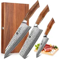 Xinzuo Professionele messenset | ECHT Japans Damascus Staal met Poederstalen kern (Hitachi SRS13) | Koksmes + Nakirimes + officemes | B32D Series | Extreem scherp en hard (62-64 HRC)