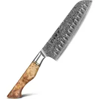 HEZHEN Professioneel 7" Santokumes | Damascus staal (67 lagen) | B30 Series | Handvat van Plataanhout met Klinknagel Mozaïek