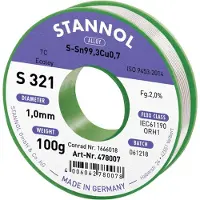 Stannol S321 2,0% 1,0MM SN99,3CU0,7CD 100G Soldeertin, loodvrij Loodvrij, Spoel Sn99,3Cu0,7 ORH1 100 g 1 mm