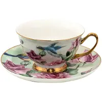 Clayre & Eef Kop en schotel 200 ml Groen Porselein Bloemen Servies Groen Servies
