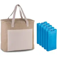 Kimood Grote koeltas jute/canvas 20 liter en 38 x 32 x 16 cm met 5x stuks koelelementen blauw - Koeltas