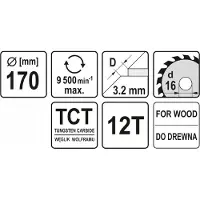 YATO Cirkelzaagblad Ø170 mm - 12 T - binnendiameter 16 mm