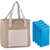 Kimood Grote koeltas jute/canvas 12 liter en 28 x 25 x 17 cm met 4x stuks koelelementen blauw - Koeltas