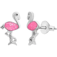 Lucardi Kinder Zilveren oorknop flamingo emaille roze - Oorbellen - 925 Zilver - Zilverkleurig