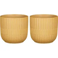 Mica Decorations - 2x - Plantenpot/bloempot - keramiek - mat okergeel - stripes patroon - D12.5 x H11 cm