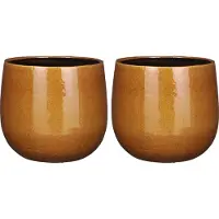 Mica Decorations - Plantenpot/bloempot - 2x stuks - keramiek - okergeel glans/spotted- D25/H20 cm