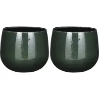 Mica Decorations Plantenpot/bloempot - 2x stuks - donkergroen - D18/H16 cm - keramiek - speels licht gevlekt patroon