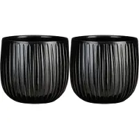 Mica Decorations 2x plantenpot/bloempot - keramiek - zwart glans/ribbels- d21/h19 cm