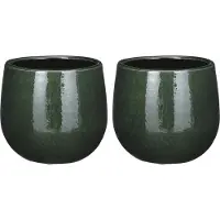Mica Decorations Plantenpot - 2x stuks - keramiek - donkergroen - glans/spotted- D14 x D12 cm