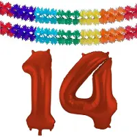 Folat Verjaardag Leeftijd folieballon - 14 jaar - rood - 86 cm - cijferballon groot - incl 2x feestslingers