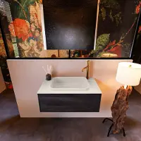 Mondiaz Badkamermeubelset Erin 80 cm met 1 Lade met RIDGE Wastafel Midden Linen met 1 kraangat Greeploos Mat Dark Brown