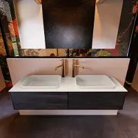 Mondiaz Erin 150cm badmeubel Dark Brown met 2 lades en beige wastafel dubbel 2 kraangaten
