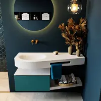 Mondiaz riva 120 cm badmeubel onderkast /planchet kleur smag met 1 lade. Wastafel dulcet links 0 kraangaten kleur talc.