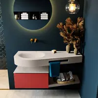 Mondiaz riva 120 cm badmeubel onderkast /planchet kleur fire met 1 lade. Wastafel dulcet links 0 kraangaten kleur linen.