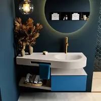 Mondiaz riva 120 cm badmeubel onderkast /planchet kleur jeans met 1 lade. Wastafel dulcet rechts 1 kraangat kleur linen.