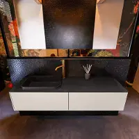 Mondiaz Badkamermeubelset erin 150 cm met 2 lades met ridge wastafel links urban met 1 kraangat greeploos mat linen
