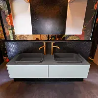 Mondiaz Badkamermeubelset Erin 150 cm met 2 Lades met RIDGE Wastafel Dubbel Dark grey met 2 kraangaten Greeploos Mat Clay