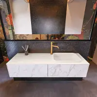 Mondiaz Erin 150cm badmeubel Carrara met 2 lades en beige wastafel rechts 1 kraangat