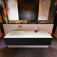 Mondiaz Badkamermeubelset erin 150 cm met 1 lade met ridge wastafel links linen zonder kraangaten greeploos mat urban