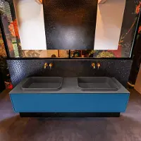 Mondiaz Badkamermeubelset erin 150 cm met 1 lade met ridge wastafel dubbel dark grey zonder kraangaten greeploos mat jeans