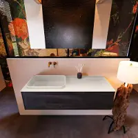 Mondiaz Badkamermeubelset Erin 120 cm met 1 Lade met RIDGE Wastafel Links Linen Zonder Kraangaten Greeploos Mat Antracite