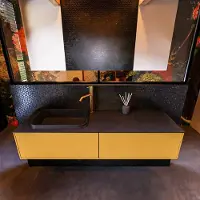 Mondiaz Erin 150cm badmeubel Ocher met 2 lades en zwarte wastafel links 1 kraangat