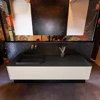 Mondiaz Badkamermeubelset erin 150 cm met 1 lade met ridge wastafel links urban zonder kraangaten greeploos mat linen