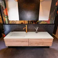 Mondiaz Erin 150cm badmeubel Washed Oak met 2 lades en beige wastafel links 1 kraangat