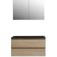 Boss & Wessing Badkamermeubel bws pepper wastafel acryl mat zwart incl spiegelkast 2 deurs met 2 kraangaten 100x55x46 cm eiken