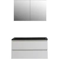Boss & Wessing Badkamermeubel bws pepper wastafel acryl mat zwart incl spiegelkast 2 deurs met 2 kraangaten 100x55x46 cm wit