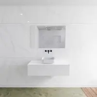 Mondiaz Badkamermeubelset LAGOM 110 cm met Topblad Gecentreerde Wastafel Solid Surface Opzetkom Binx Zonder Kraangaten Mat Wit (1 lade)