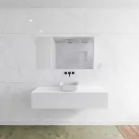 Mondiaz Badkamermeubelset LAGOM 140 cm met Topblad Gecentreerde Wastafel Solid Surface Opzetkom Binx Zonder Kraangaten Mat Wit (1 lade)
