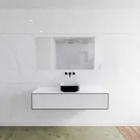 Mondiaz Badkamermeubelset LAGOM 140 cm Topblad met Gecentreerde Wastafel Solid Surface Opzetkom Binx Zonder Kraangaten Mat Zwart (1 lade)