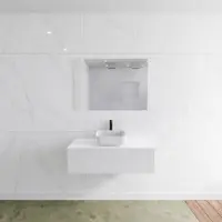 Mondiaz Badkamermeubelset LAGOM 100 cm met Topblad Gecentreerde Wastafel Solid Surface Opzetkom Binx Met 1 Kraangat Mat Wit (1 lade)