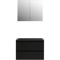 Boss & Wessing Badkamermeubel bws pepper wastafel acryl mat zwart incl spiegelkast 2 deurs met kraangat 80x55x46 cm mat zwart