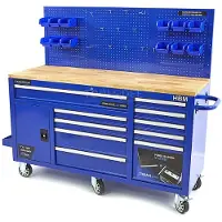 HBM werkbank 158 cm met 10 laden, deur en achterwand, blauw