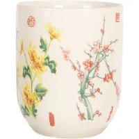 Clayre & Eef Mok 100 ml Beige Geel Porselein Rond Bloemen Theemok Koffiemok Beker Beige Theemok Koffiemok